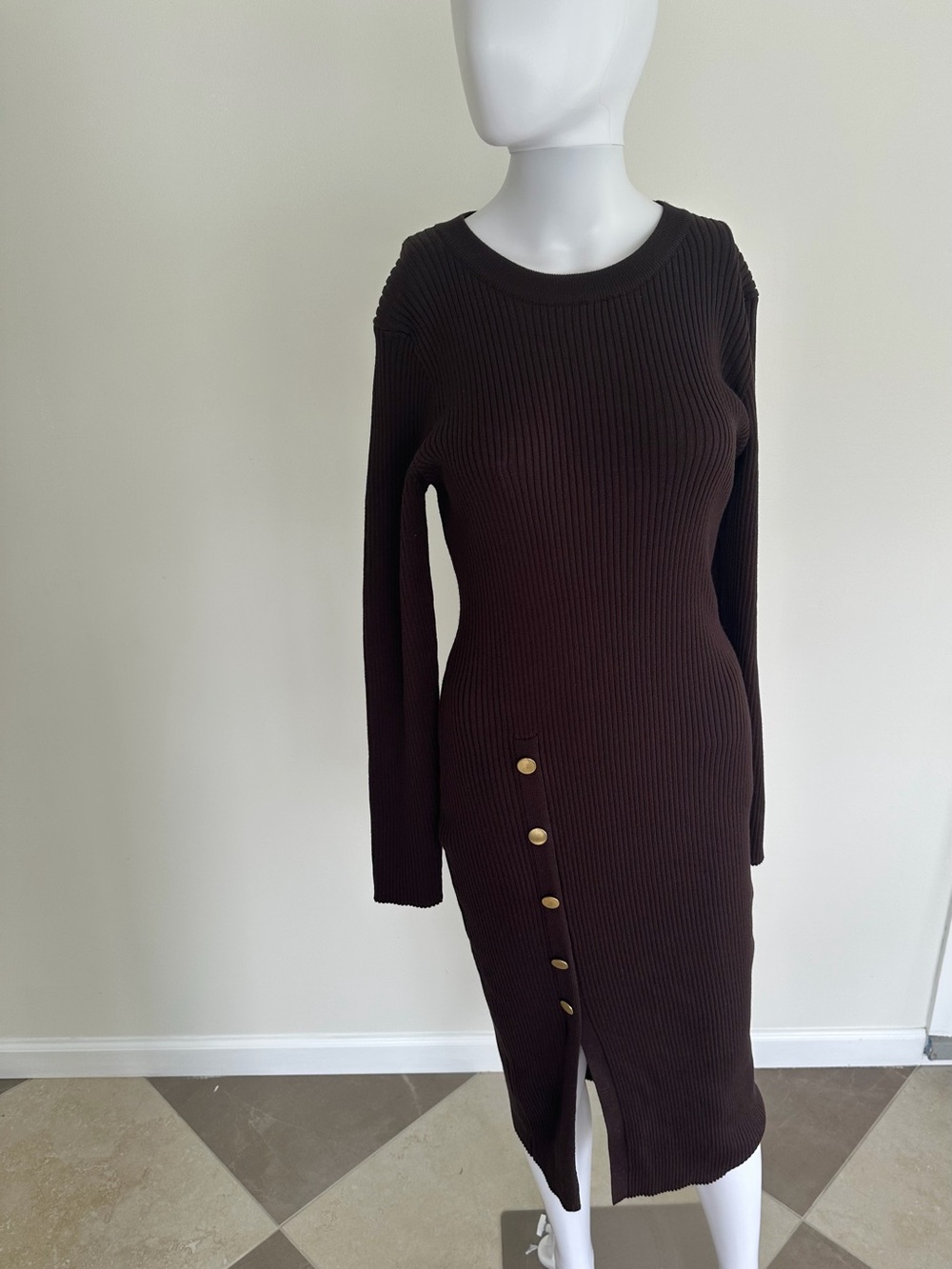 Nina Leonard Chocolate Brown Ribbed Midi Dress with Side Button Detail